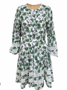 Maje White Long-Sleeve Midi Dress with Green Leaf & Purple Floral Print
